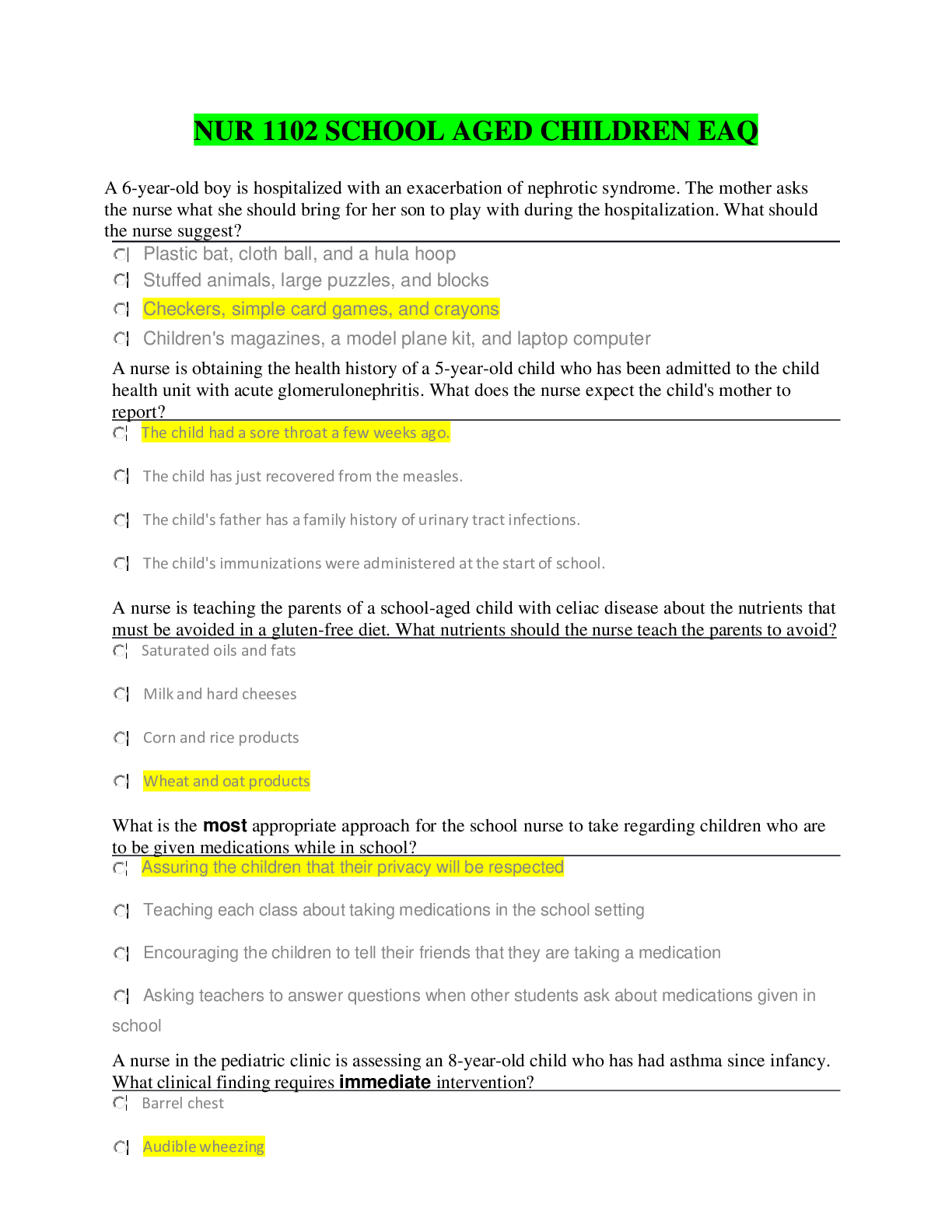 Preview image for NUR 1102 SCHOOL AGED CHILDREN EAQ EXAM QUESTION AND ANSWERS VERIFIED 2023